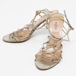 Pre Owned Valentino Gold Leather Studded Lace Up Sandals Size 36.5