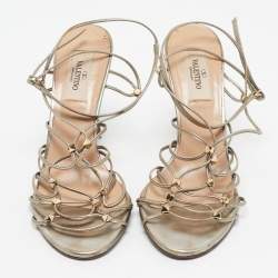 Pre Owned Valentino Gold Leather Studded Lace Up Sandals Size 36.5