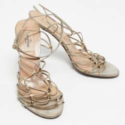 Pre Owned Valentino Gold Leather Studded Lace Up Sandals Size 36.5