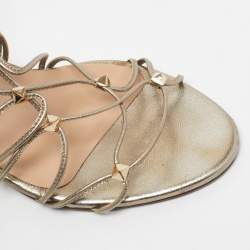 Pre Owned Valentino Gold Leather Studded Lace Up Sandals Size 36.5