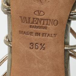 Pre Owned Valentino Gold Leather Studded Lace Up Sandals Size 36.5