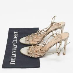 Pre Owned Valentino Gold Leather Studded Lace Up Sandals Size 36.5