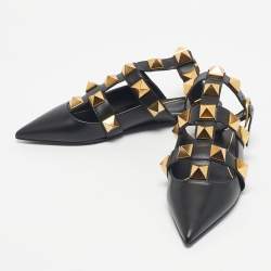Pre Owned Valentino Black Leather Roman Stud Ankle Strap Flats Size 39