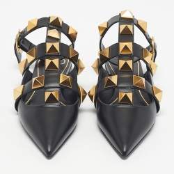Pre Owned Valentino Black Leather Roman Stud Ankle Strap Flats Size 39