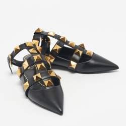 Pre Owned Valentino Black Leather Roman Stud Ankle Strap Flats Size 39