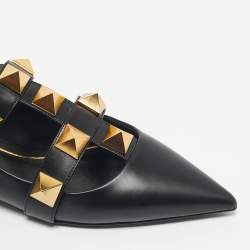 Pre Owned Valentino Black Leather Roman Stud Ankle Strap Flats Size 39