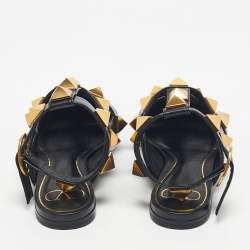 Pre Owned Valentino Black Leather Roman Stud Ankle Strap Flats Size 39