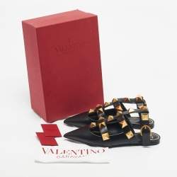 Pre Owned Valentino Black Leather Roman Stud Ankle Strap Flats Size 39