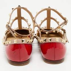 Pre Owned Valentino Red/Beige Patent Leather Rockstud Cage Ballet Flats Size 35.5