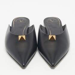 Pre Owned Valentino Black Leather One Stud Flat Mules Size 41