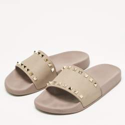 Pre Owned Valentino Dusty Pink Rubber Rockstud Slides Size 38