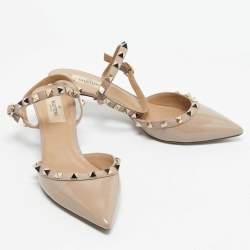 Pre Owned Valentino Beige Leather and Patent Leather Rockstud Caged Pumps Size 37.5