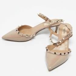 Pre Owned Valentino Beige Leather and Patent Leather Rockstud Caged Pumps Size 37.5