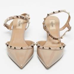 Pre Owned Valentino Beige Leather and Patent Leather Rockstud Caged Pumps Size 37.5