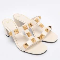 Pre Owned صندل فالنتينو بكعب عريض جلد كريمي مرصع بحجم 41