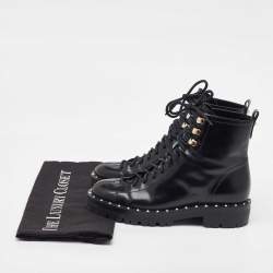 Pre Owned Valentino Black Leather Rockstud Lace Up Ankle Combat Boots Size 36