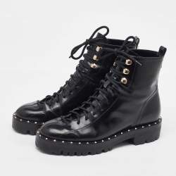 Pre Owned Valentino Black Leather Rockstud Lace Up Ankle Combat Boots Size 36