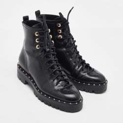 Pre Owned Valentino Black Leather Rockstud Lace Up Ankle Combat Boots Size 36