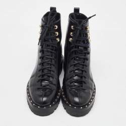 Pre Owned Valentino Black Leather Rockstud Lace Up Ankle Combat Boots Size 36