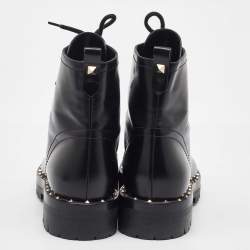 Pre Owned Valentino Black Leather Rockstud Lace Up Ankle Combat Boots Size 36