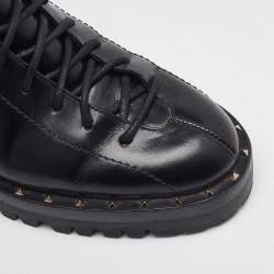 Pre Owned Valentino Black Leather Rockstud Lace Up Ankle Combat Boots Size 36
