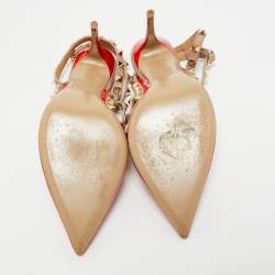 Pre Owned Valentino Red/Beige Patent Leather Rockstud Ankle Strap Pumps Size 39.5