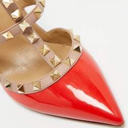 Pre Owned Valentino Red/Beige Patent Leather Rockstud Ankle Strap Pumps Size 39.5