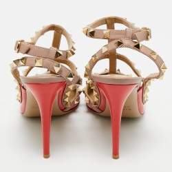 Pre Owned Valentino Red/Beige Patent Leather Rockstud Ankle Strap Pumps Size 39.5