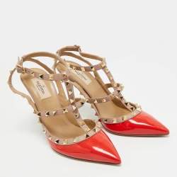 Pre Owned Valentino Red/Beige Patent Leather Rockstud Ankle Strap Pumps Size 39.5
