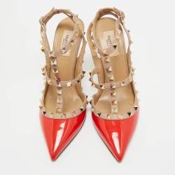 Pre Owned Valentino Red/Beige Patent Leather Rockstud Ankle Strap Pumps Size 39.5