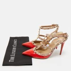 Pre Owned Valentino Red/Beige Patent Leather Rockstud Ankle Strap Pumps Size 39.5