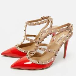 Pre Owned Valentino Red/Beige Patent Leather Rockstud Ankle Strap Pumps Size 39.5