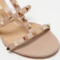 Pre Owned Valentino Beige Leather Rockstud Ankle Strap Sandals Size 35.5