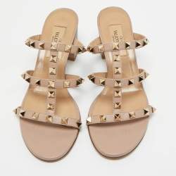 Pre Owned Valentino Beige Leather Rockstud Ankle Strap Sandals Size 35.5