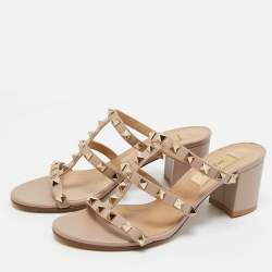 Pre Owned Valentino Beige Leather Rockstud Ankle Strap Sandals Size 35.5