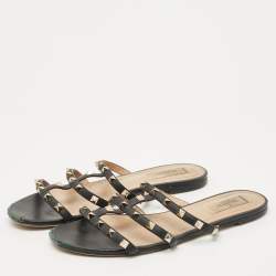 Pre Owned Valentino Black Leather Rockstud Flat Slide Size 40