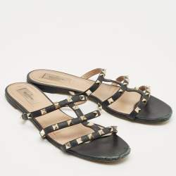 Pre Owned Valentino Black Leather Rockstud Flat Slide Size 40