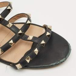 Pre Owned Valentino Black Leather Rockstud Flat Slide Size 40