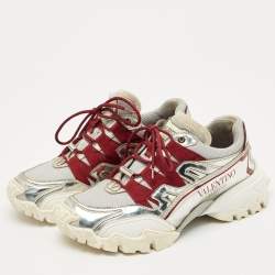 Pre Owned Valentino Silver/Grey Mesh and Leather Climbers Sneakers Size 36
