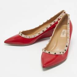 Pre Owned Valentino Red/Beige Patent and Leather Wedge Rockstud Pumps Size 39.5