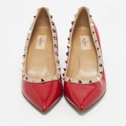 Pre Owned Valentino Red/Beige Patent and Leather Wedge Rockstud Pumps Size 39.5