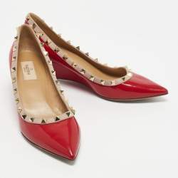 Pre Owned Valentino Red/Beige Patent and Leather Wedge Rockstud Pumps Size 39.5