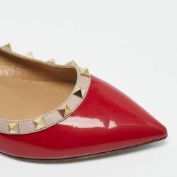 Pre Owned Valentino Red/Beige Patent and Leather Wedge Rockstud Pumps Size 39.5