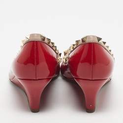 Pre Owned Valentino Red/Beige Patent and Leather Wedge Rockstud Pumps Size 39.5