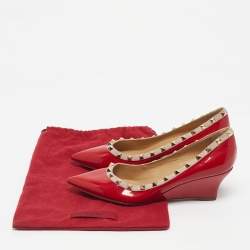Pre Owned Valentino Red/Beige Patent and Leather Wedge Rockstud Pumps Size 39.5