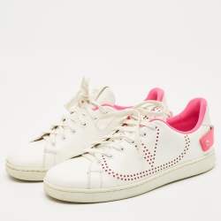 Pre Owned Valentino White/Pink Leather Rockstud Sneakers Size 40.5
