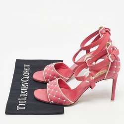 Pre Owned Valentino Pink/White Leather Rockstud Ankle Strap Sandals Size 39