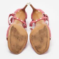 Pre Owned Valentino Pink/White Leather Rockstud Ankle Strap Sandals Size 39