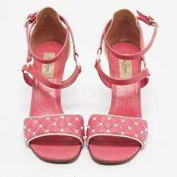Pre Owned Valentino Pink/White Leather Rockstud Ankle Strap Sandals Size 39
