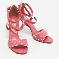 Pre Owned Valentino Pink/White Leather Rockstud Ankle Strap Sandals Size 39